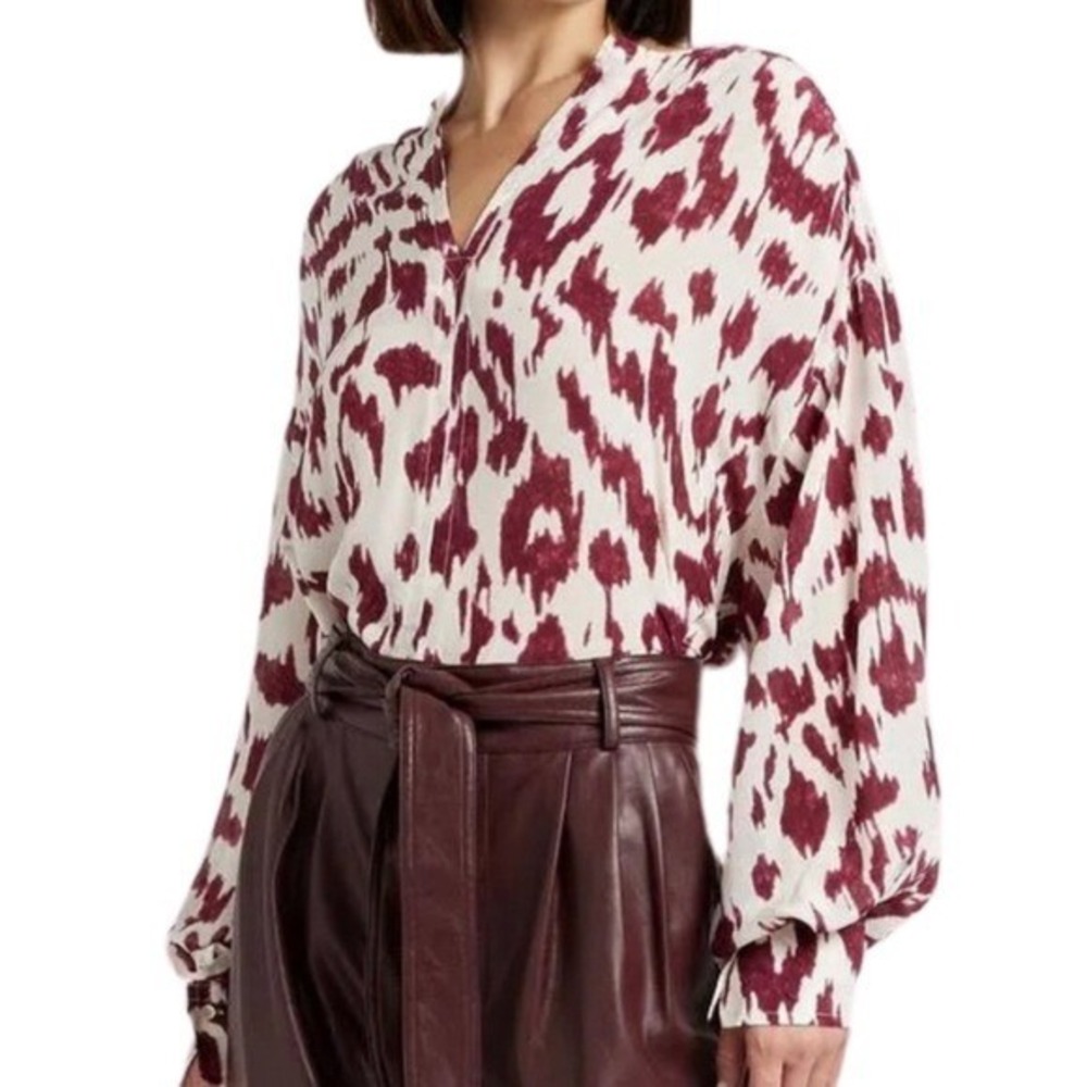 Isabel Marant Etoile NWT Yacah Burgundy Ecru Ikat 100% Silk Blouse Top Size 8/40